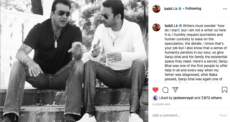 Babil Khan posted a picture of Irrfan and Sanjay Dutt, requesting media to avoid speculating about Sanjay's health