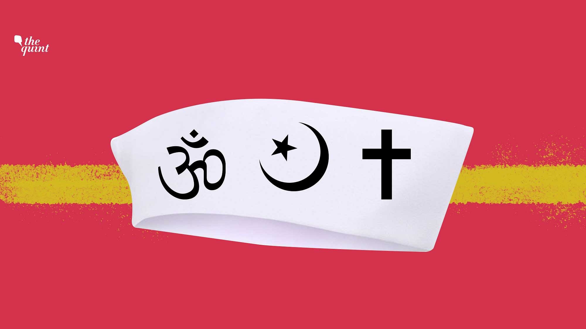 Image of religious symbols and a neta’s cap used to represent the ‘mixing’ of religion and politics.