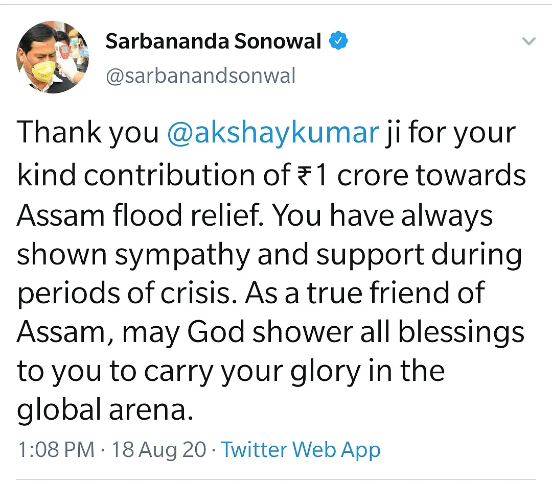 Assam CM Thanks Akshay for Donating Rs 1 Cr for Flood Relief