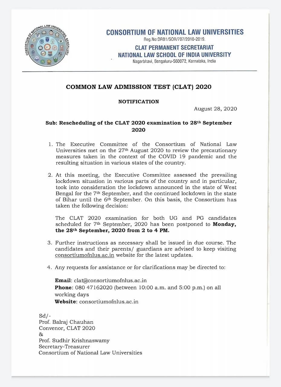 Consortium of National Law Universities notice regarding postponement of CLAT 2020.