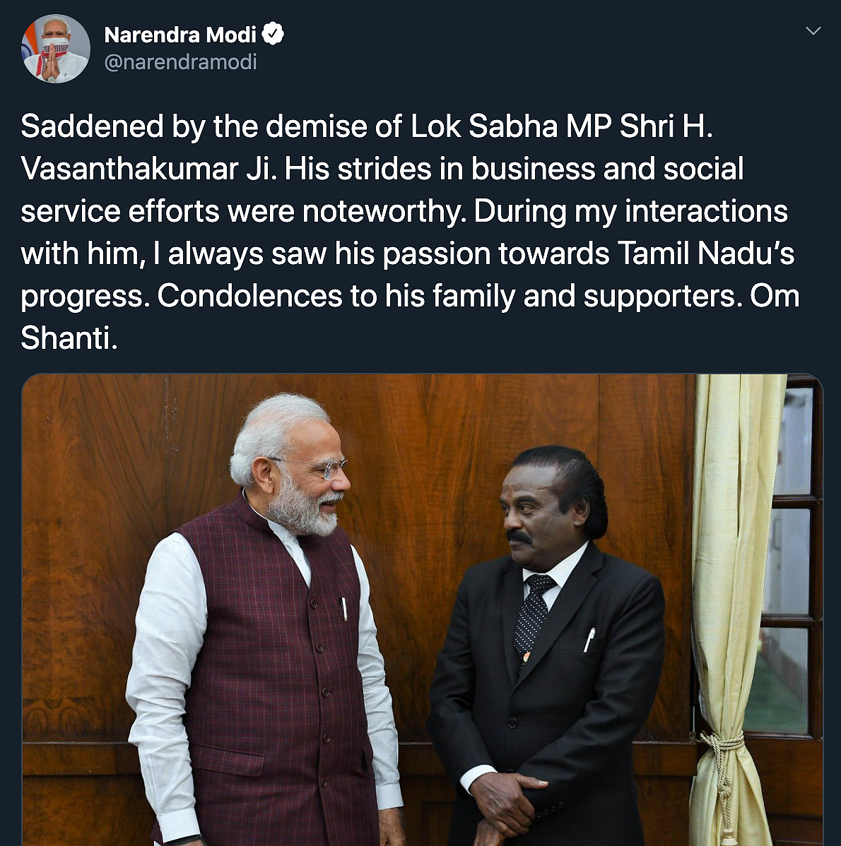 Congress MP Vasanthakumar with PM Modi