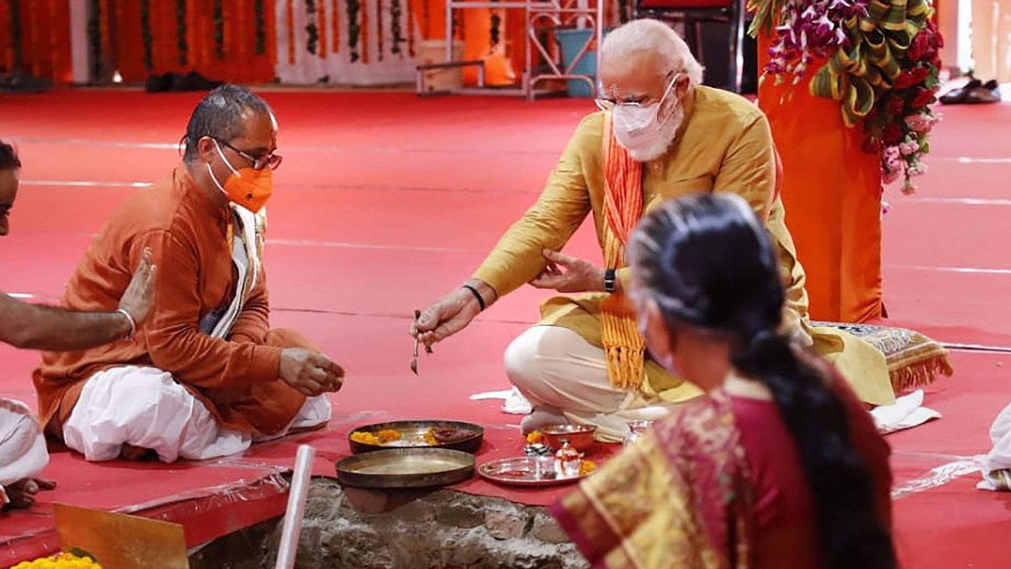 PM Modi performs ‘Bhoomi Pujan’ for the Ram Temple in Ayodhya on Wednesday.&nbsp;
