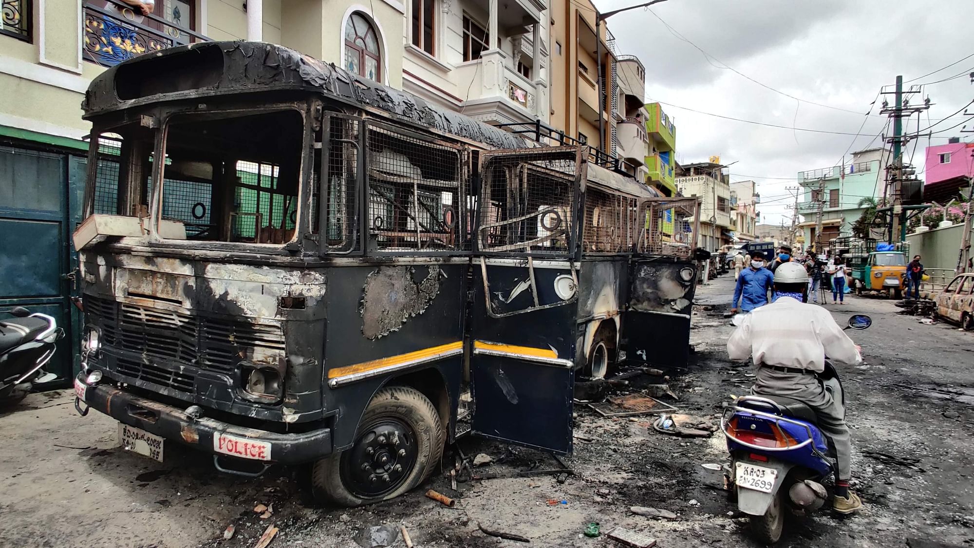 A burnt police vehicle outside DJ Halli police station. Image used for representational purposes.