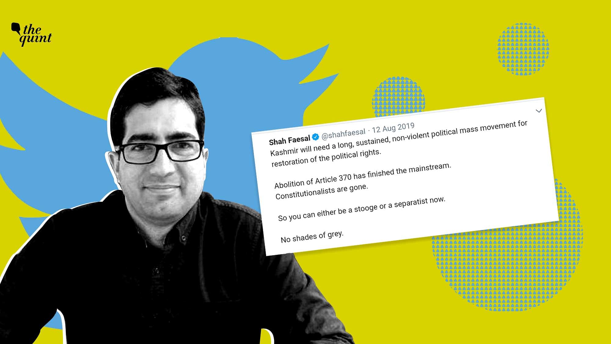 Shah Faesal announced his decision to quit politics on Monday, and deleted his previous tweets from his handle.&nbsp;