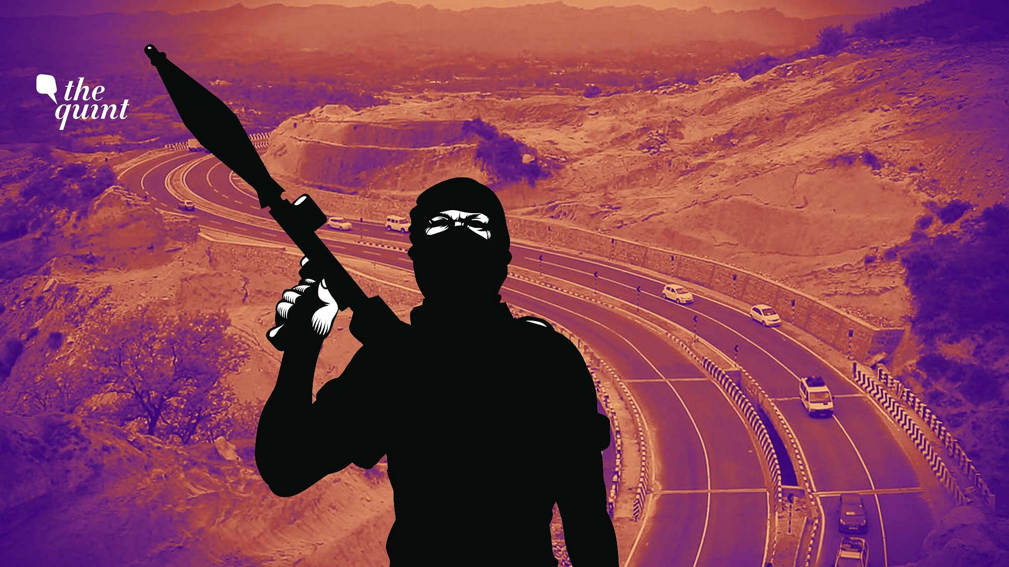 Altered image of Jammu-Srinagar National Highway and an illustration of a militant used for representational purposes.
