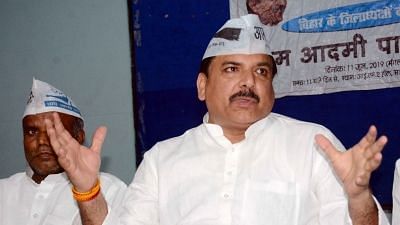 AAP leader Sanjay Singh addresses a press conference in New Delhi.