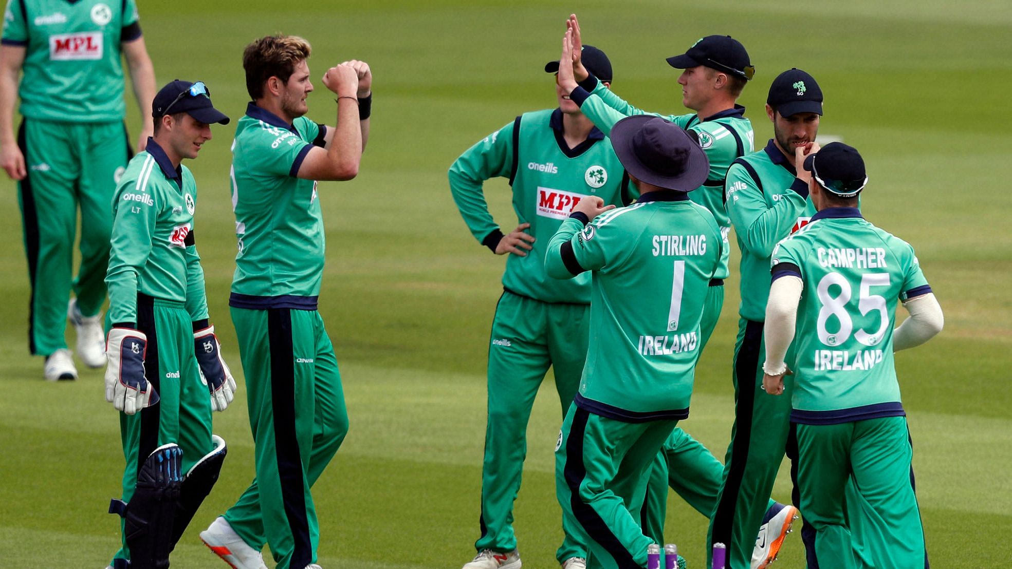 Ireland players celebrate a wicket during the 3-match ODI series against England.