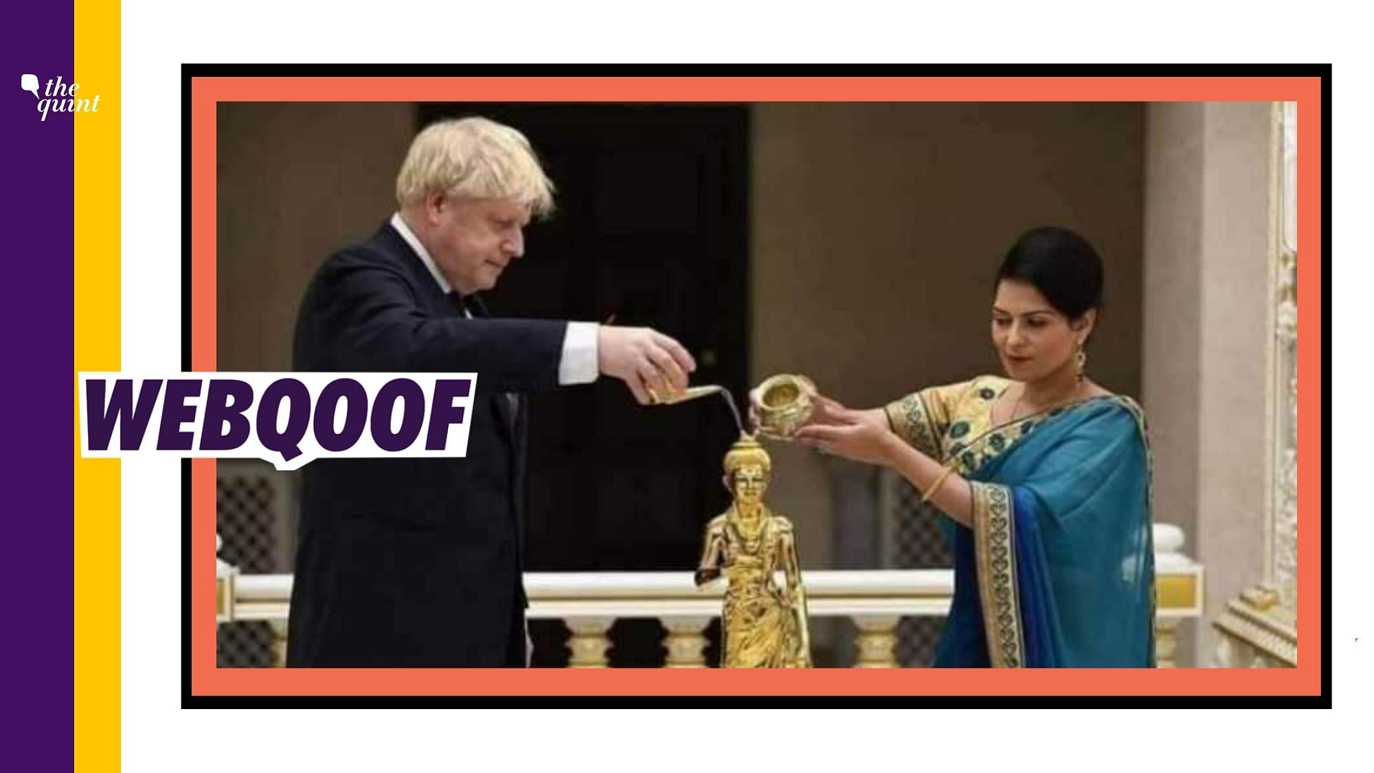 An old image of UK Prime Minister visiting a Hindu temple in London is being shared with a false claim that he performed “Ram abhishek” on 5 August.