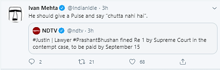 The SC has ordered lawyer Prashant Bhushan to pay a fine of Re 1.