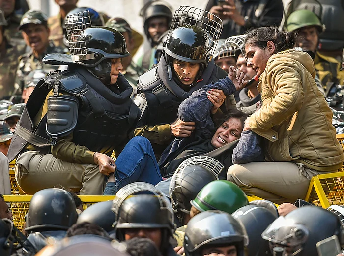 File image of anti-CAA protesters being stopped by police near Jamia campus on 10 February.