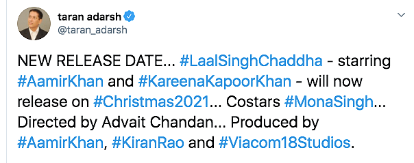 Aamir-Starrer 'Laal Singh Chaddha' to Release on Christmas 2021