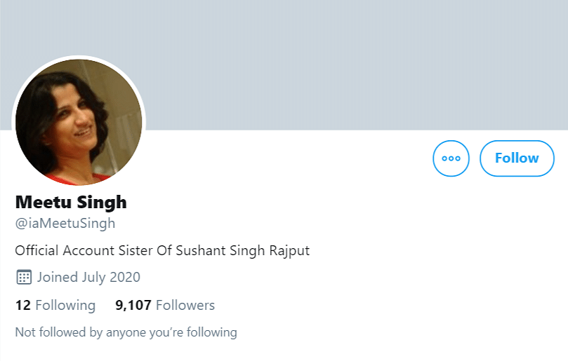 Another fake Twitter handle claiming to be Sushant’s sister, Meetu Singh, has cropped up.