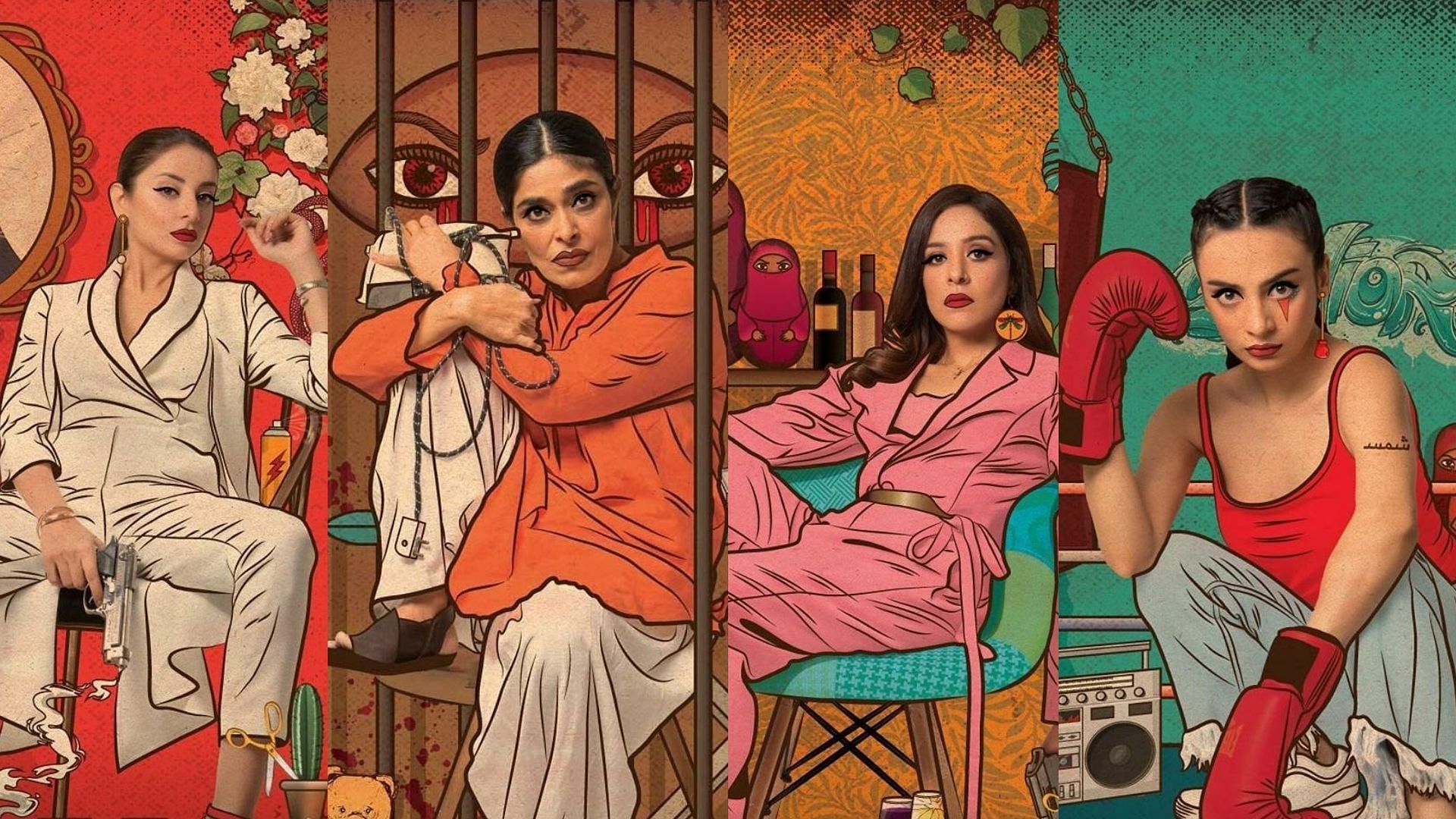 Actors Nimra Bucha, Yasra Rizvi, Sarwat Gilani and Mehar Bano in web series 'Churails'.