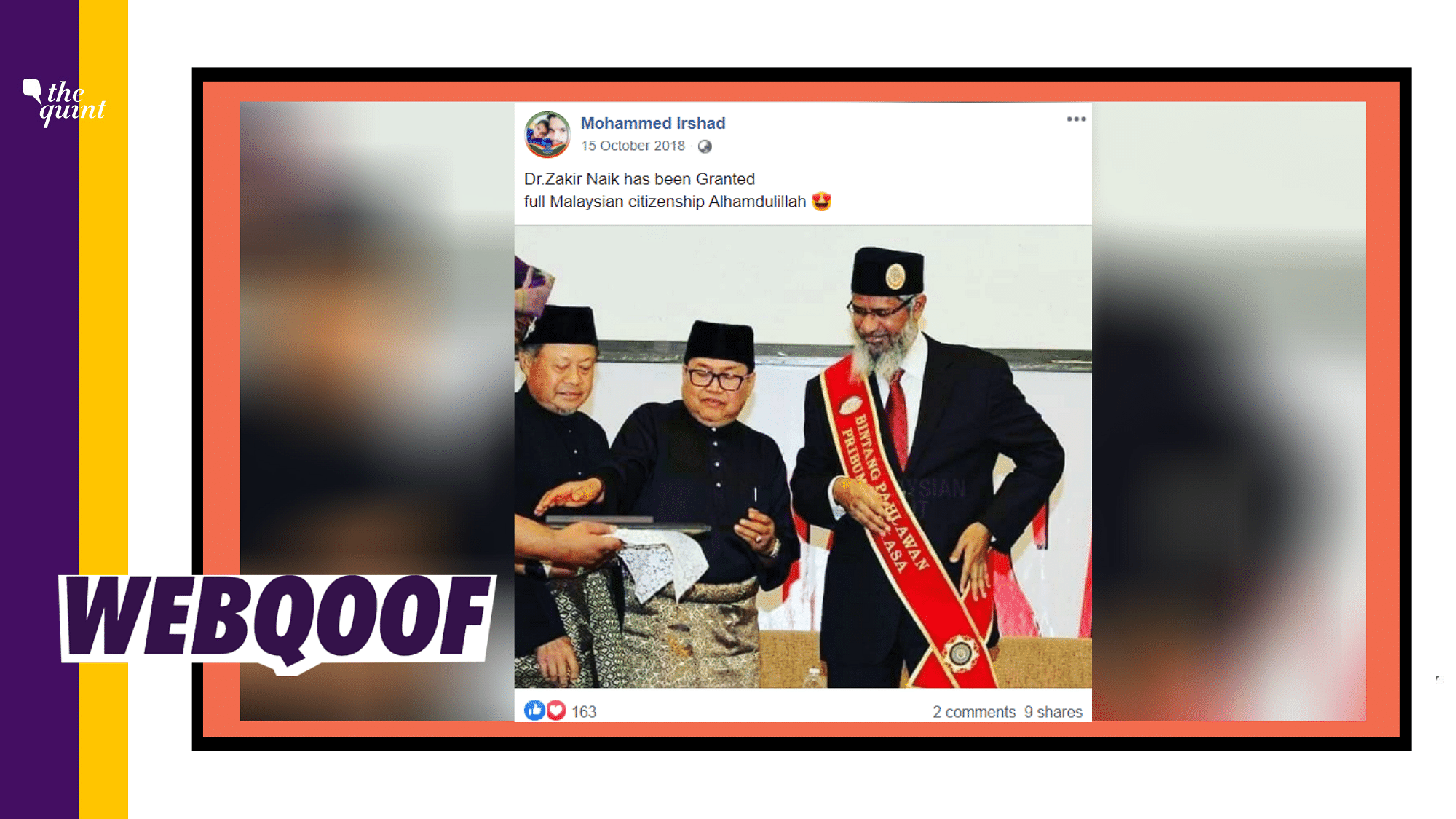 Several social media users have shared a picture of Islamic televangelist Zakir Naik getting awarded, with the claim that he has been granted citizenship in Malaysia.