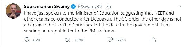 “Holding the exam in my opinion you may lead to a large number of suicides in the country,” Swamy wrote to the PM. 