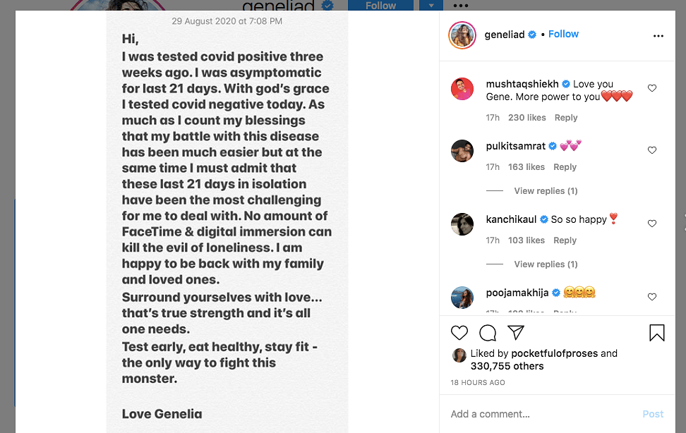 The actor took to Instagram to share her experience. 