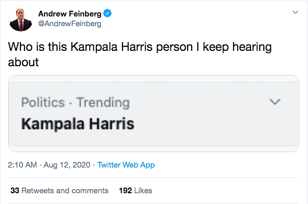 As Kamala Harris was announced to be Joe Biden’s VP pick, ‘Kampala Harris’ trended on American Twitter. 