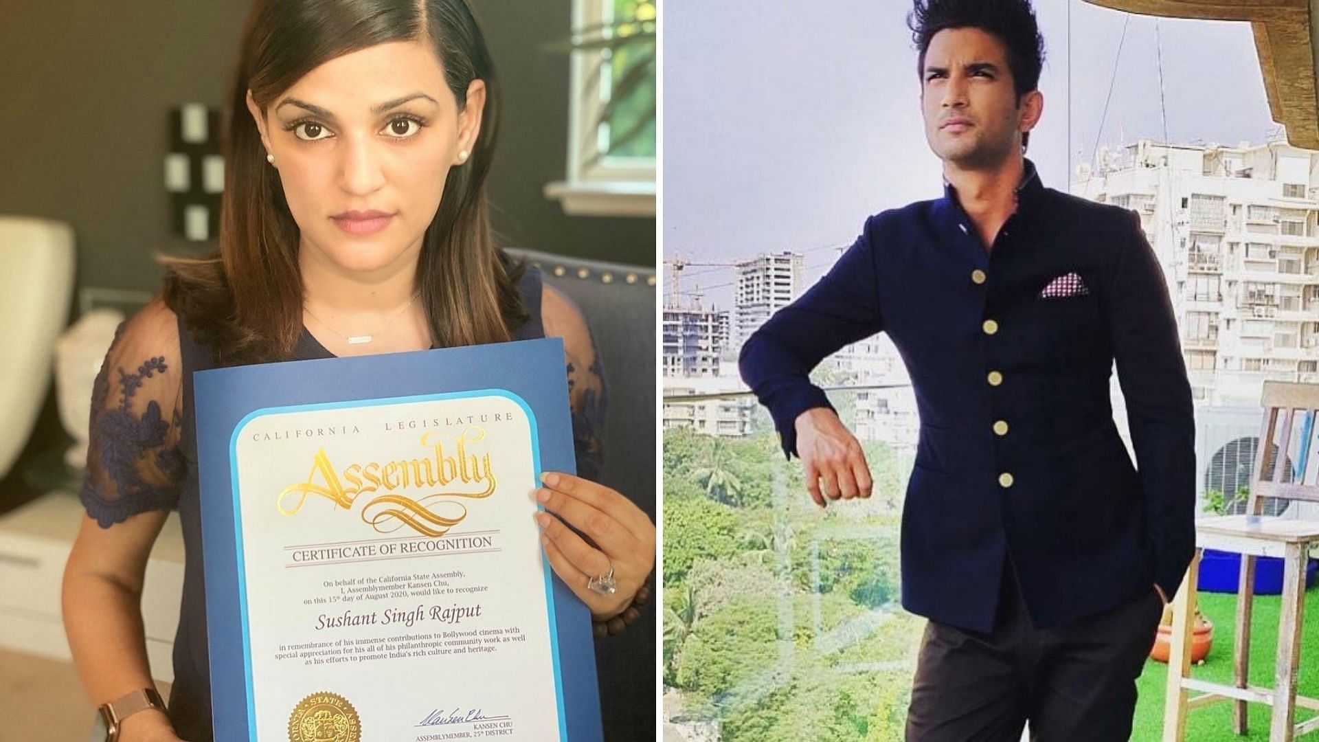 Sushant Singh Rajput's sister Shweta accepts a recognition by California State Assembly on his behalf. 
