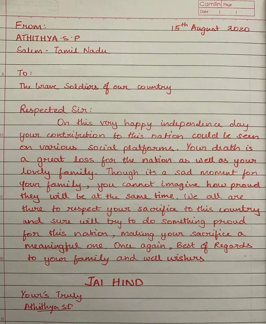 Athithya writes a heartfelt note for the soldiers.
