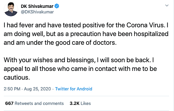 K’taka Cong Chief DK Shivakumar Tests COVID Positive, Hospitalised