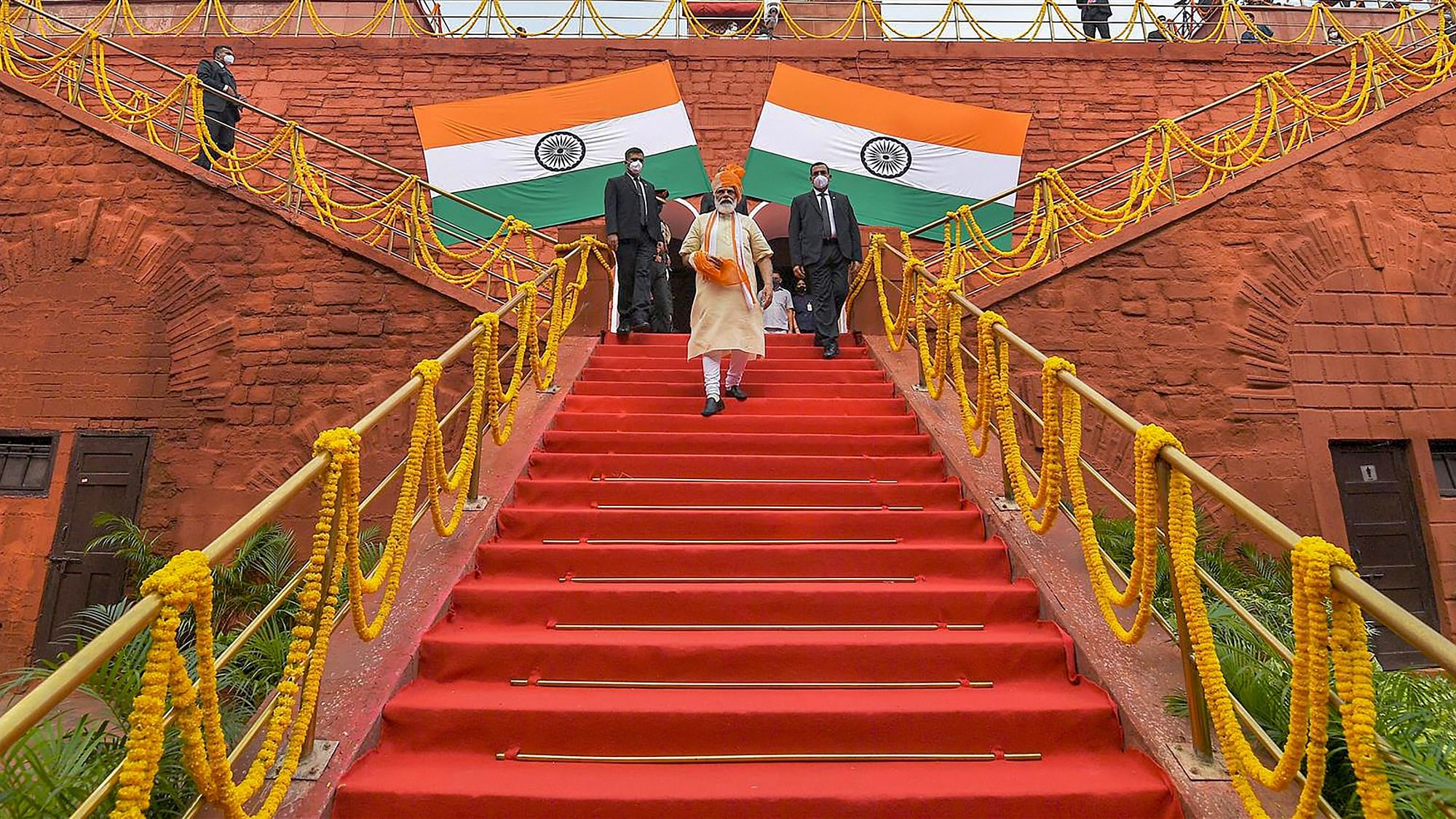 Prime Minister Narendra Modi after addressing the nation on the occasion of 74th Independence Day from the ramparts of Red Fort, in New Delhi, Saturday, 15 August.