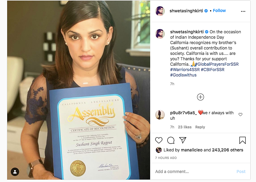 Shweta Singh Kirti shares the recognition Sushant posthumously received rom the California State Assembly.