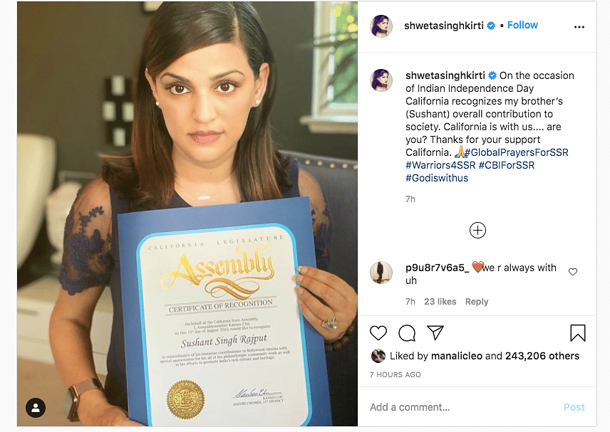 Sushant's sister Shweta accepts the honour on his behalf. 