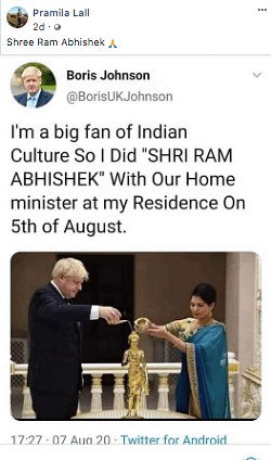 The image is from Boris Johnson’s visit to the Hindu temple of Neasden in London in 2019.