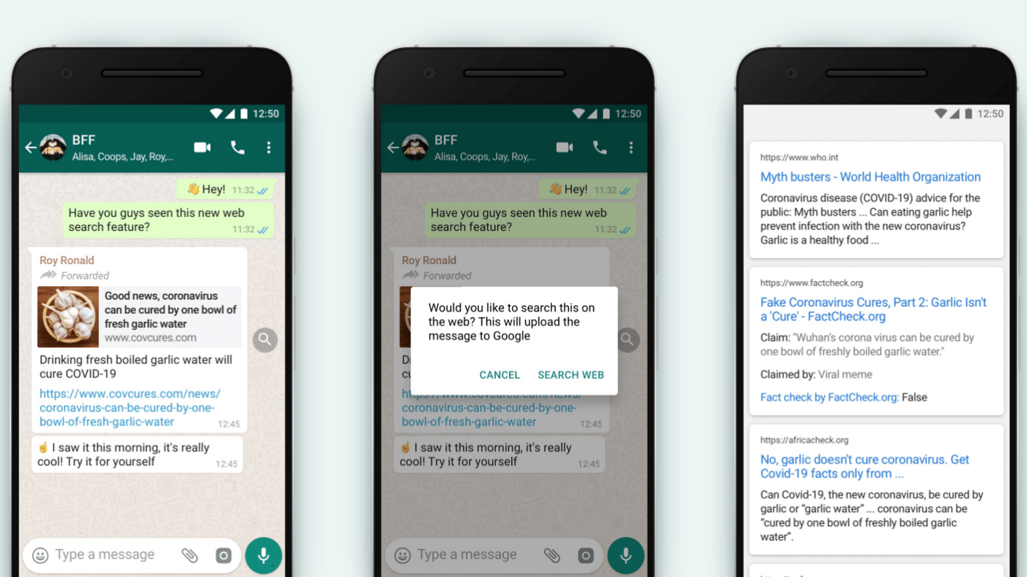 WhatsApp is piloting a way to double check forwarded messages by tapping a magnifying glass icon in the chat.