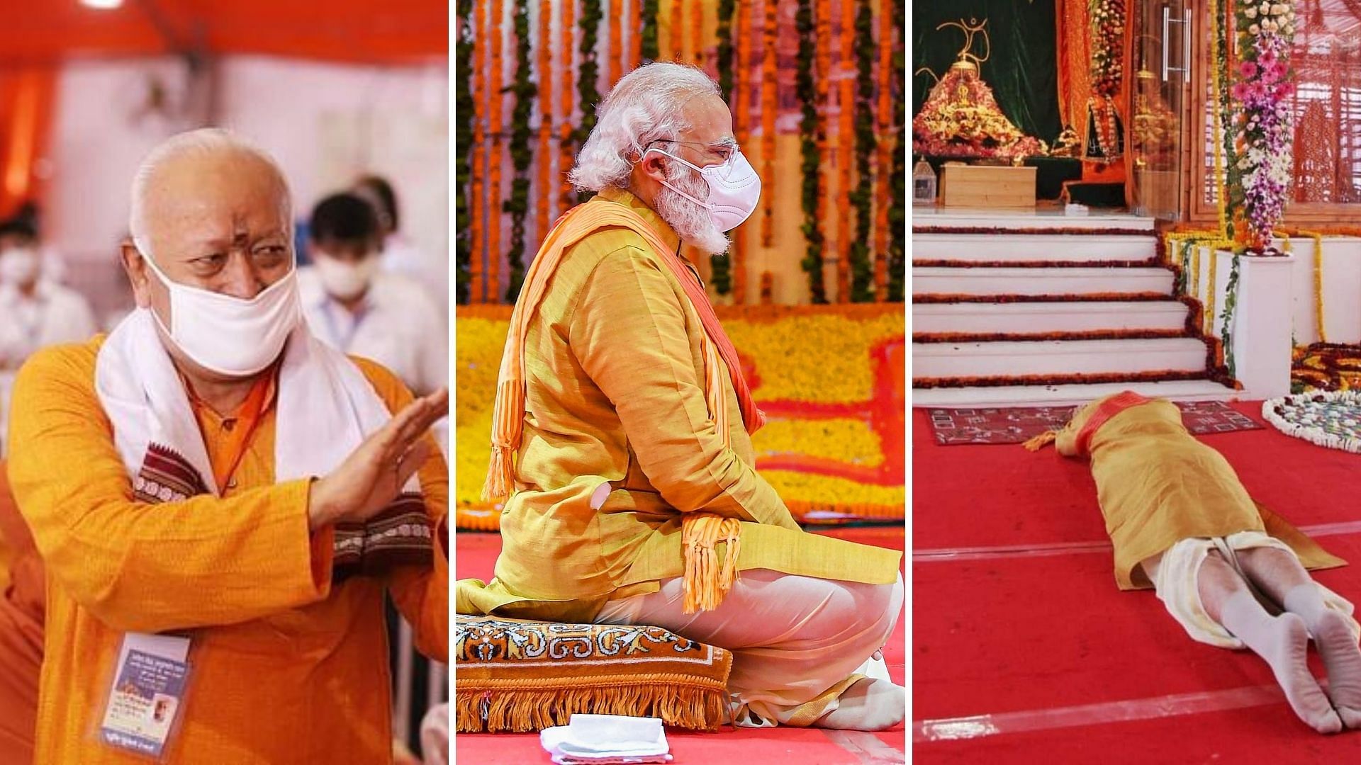 PM Modi performed ‘<a href="https://www.thequint.com/news/india/ayodhya-case-verdict-final-supreme-court-verdict-on-ram-mandir-babri-masjid-dispute">Bhoomi Poojan</a>’ for the Ram Temple and lay a 40-kg silver brick on to the ground.