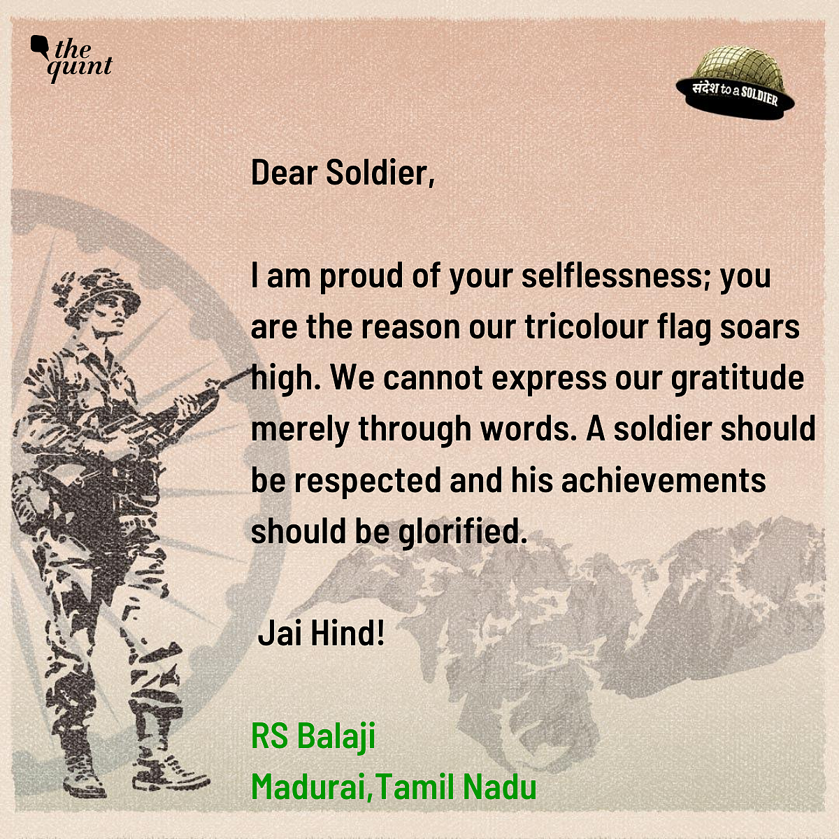 RS Balaji from Tamil Nadu sends his sandesh to a soldier.