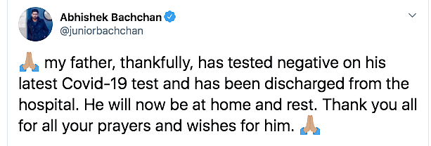 Big B Tests COVID-19 -ve & Discharged from Hospital, Says Abhishek