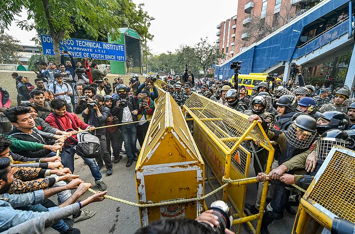 File image of anti-CAA protesters being stopped by police near Jamia campus on 10 February.