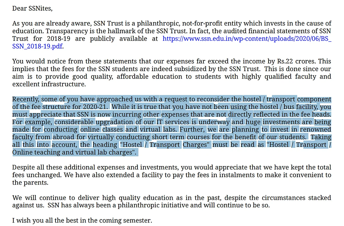 The mail sent by the management justifying why the students are being charged for hostel and transport.