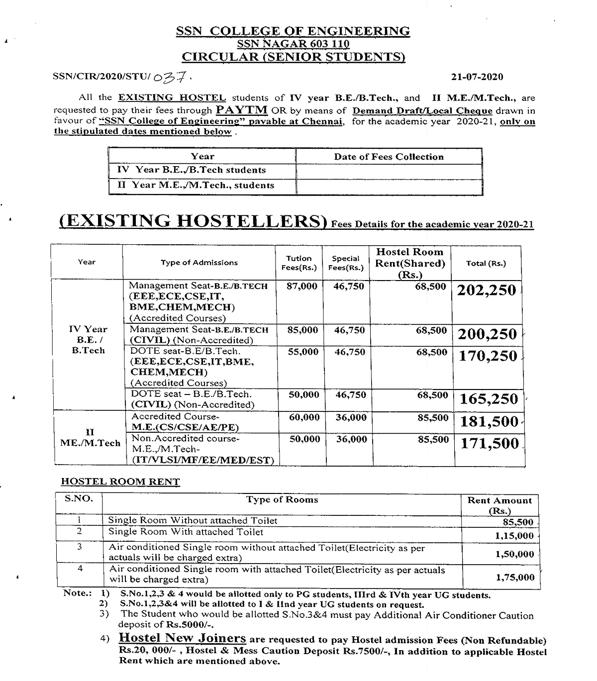 The fee details that was initially issued to the students.