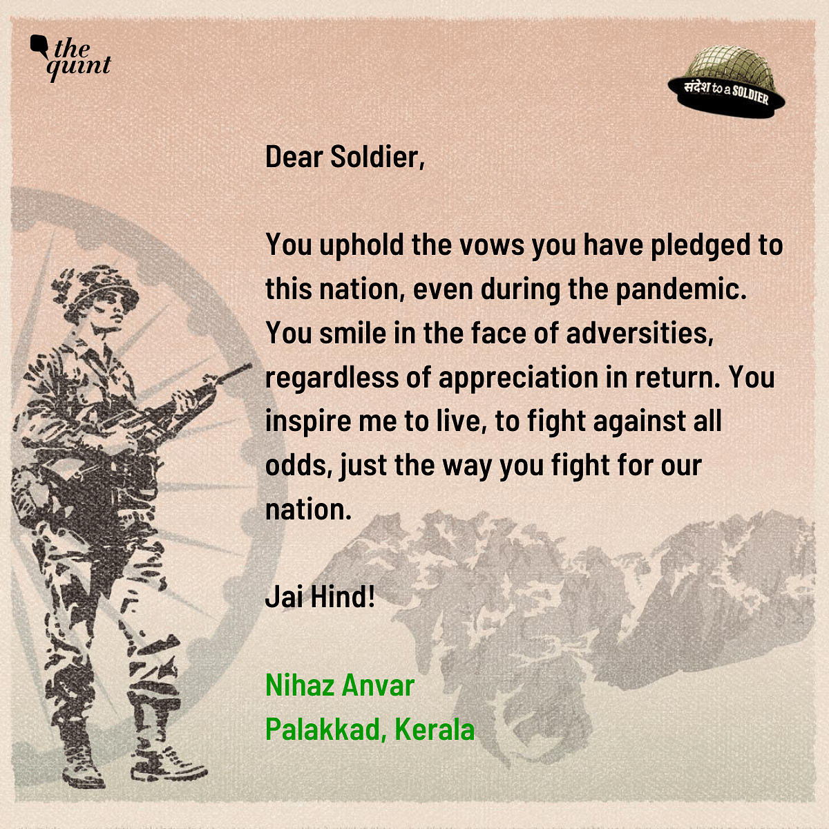 Citizens across India pen down their sandesh to a soldier, honouring their valour and selflessness.