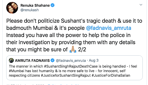 Renuka Urges Amruta Fadnavis to Not Politicize Sushant's Death