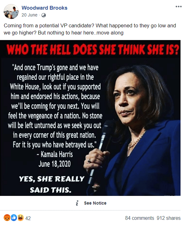 A post containing a fabricated quote of US VP Candidate Kamala Harris threatening Trump supporters went viral.