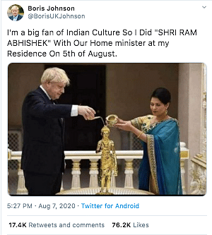 The image is from Boris Johnson’s visit to the Hindu temple of Neasden in London in 2019.