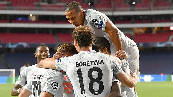 Bayern Munich players celebrate one of the 8 goals against Barcelona.