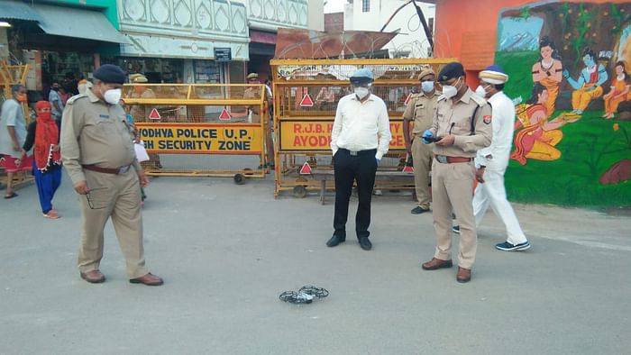A drone being tested by the police ahead of the Bhoomi Pujan ceremony. 