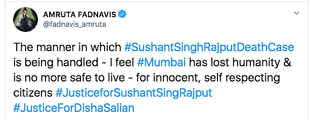 Amruta Fadnavis tweets about Sushant Singh Rajput's demise.