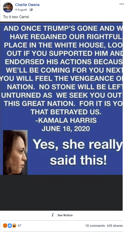 A post containing a fabricated quote of US VP Candidate Kamala Harris threatening Trump supporters went viral.