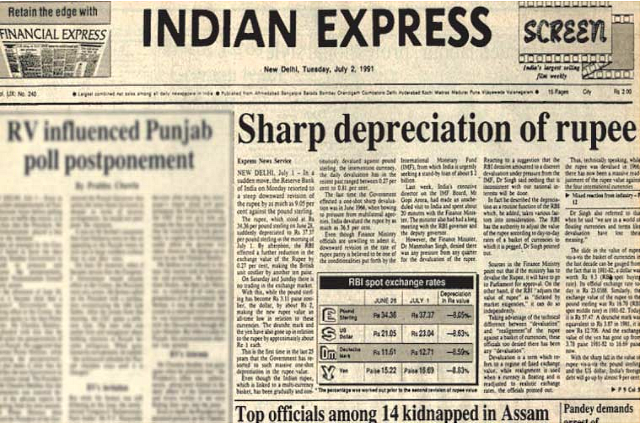 A 2 July 1991 copy of The Indian Express, front page news on rupee getting devalued.