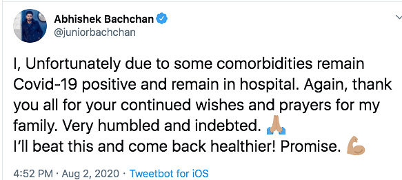 Abhishek said he has to remain in hospital due to co-morbidities. 
