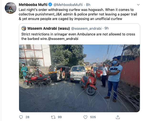 Mehbooba Mufti tweeted that “J&K admin and police prefer not leaving a paper trail.”