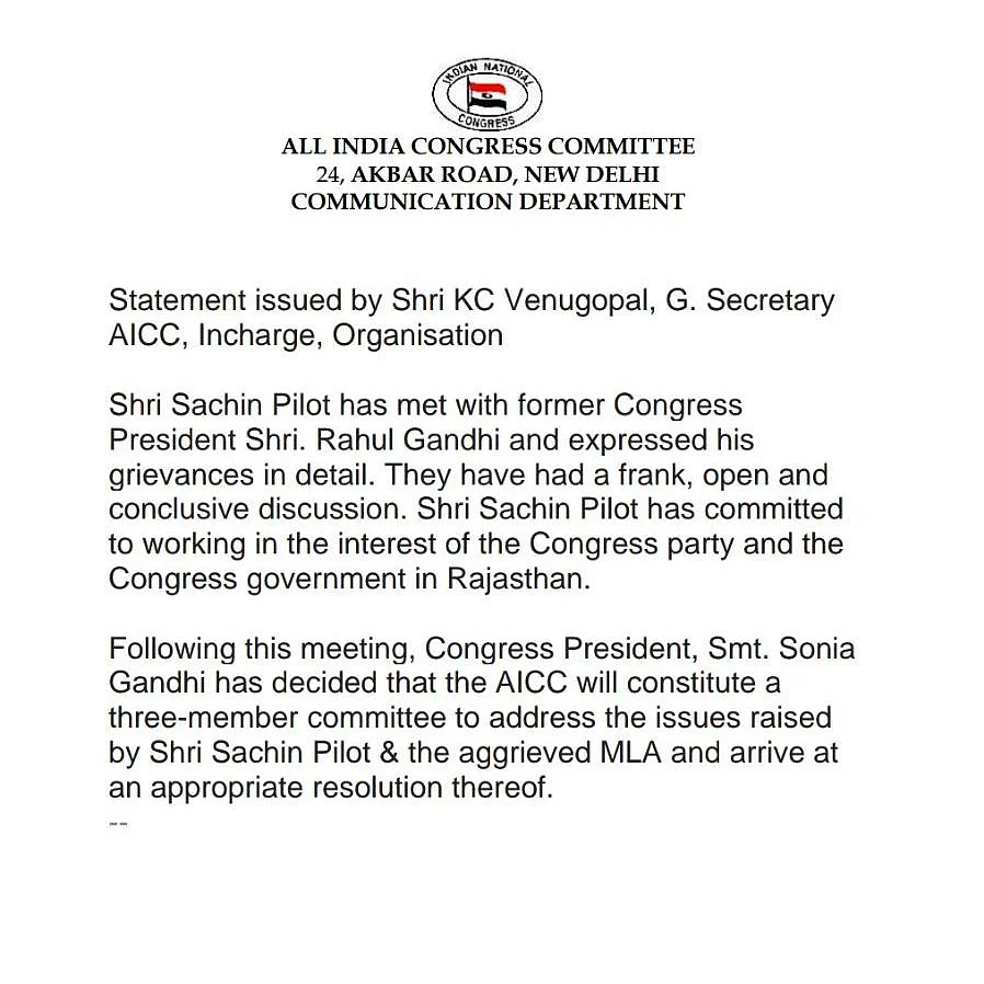 Congress party’s statement on Sachin Pilot, 10 August