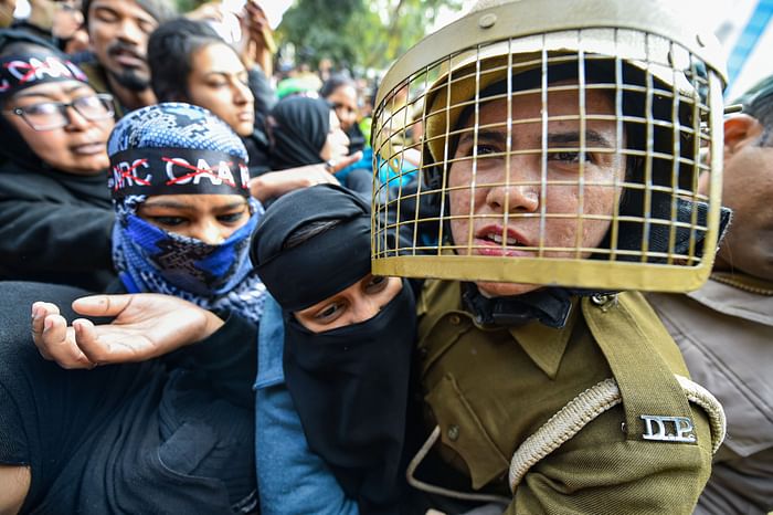 File image of anti-CAA protesters being stopped by police near Jamia campus on 10 February.