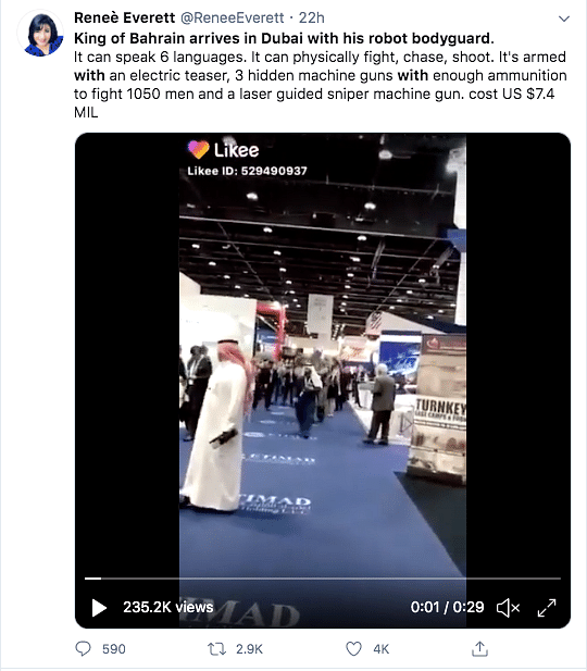 Many people shared this video claiming that it shows the King of Bahrain arriving in Dubai with his robot bodyguard.