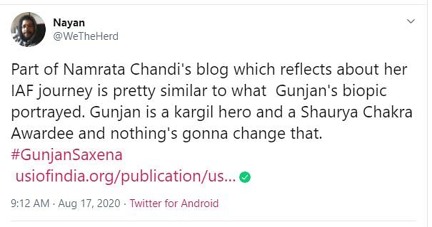 Gunjan Saxena was awarded the “Shaurya Veer” award  after Kargil, she never won the Shaurya Chakra.